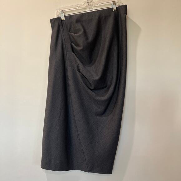 Donna Karan Wool Stretch Midi Skirt Grey Large Ruched Back Fitted Elastic Waist - Picture 1 of 7